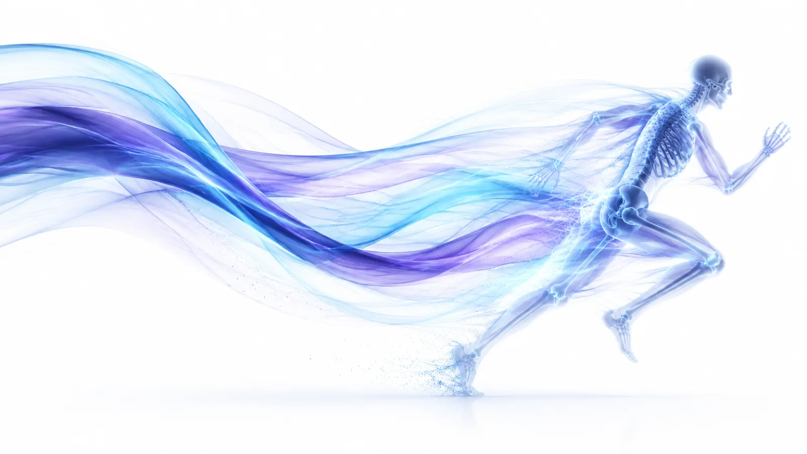 Cyan and violet motion trails sweeping across a white field