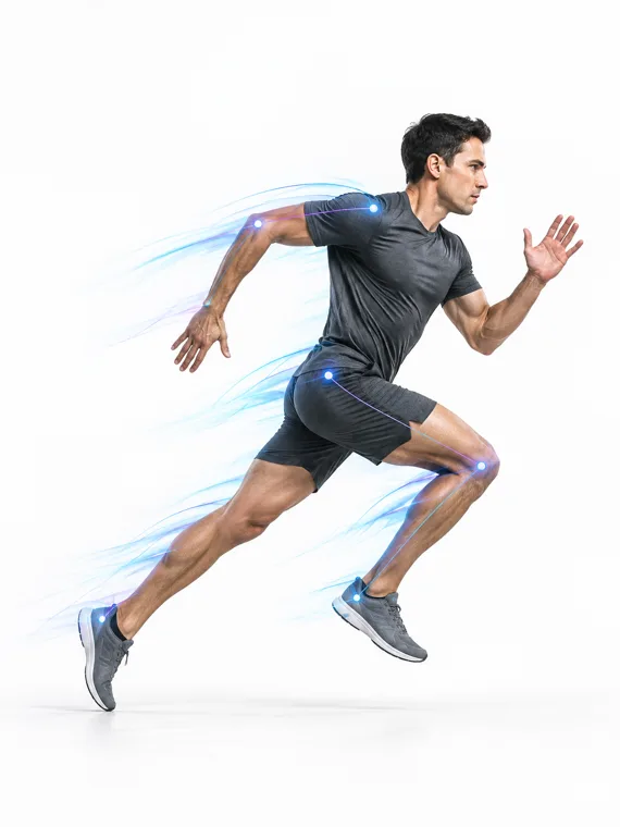 An athlete at full sprint, photographed against a white studio background