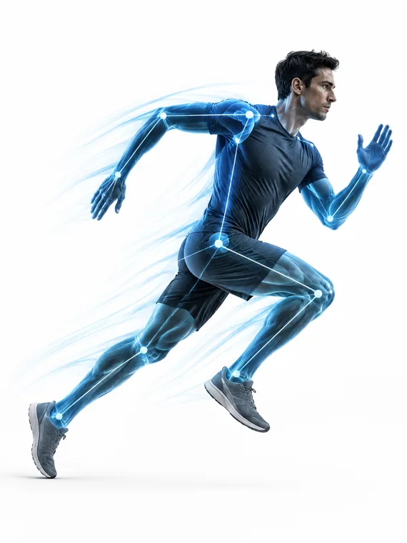 The same sprint with a glowing blue tracking skeleton over the runner's body