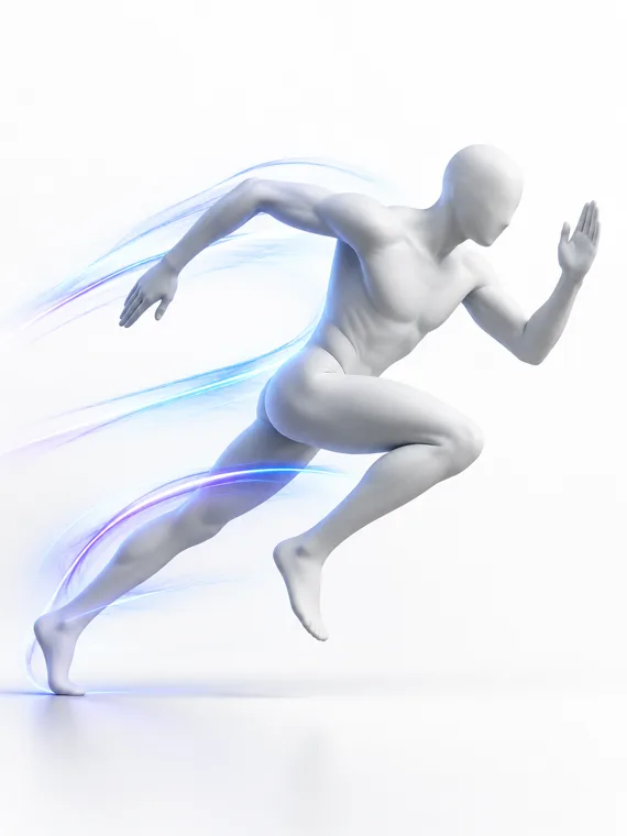The same sprint on a featureless white clay mannequin, ready to edit