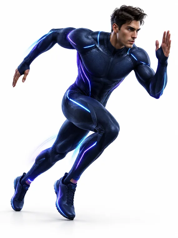 The same sprint on a finished digital character in a glowing blue suit
